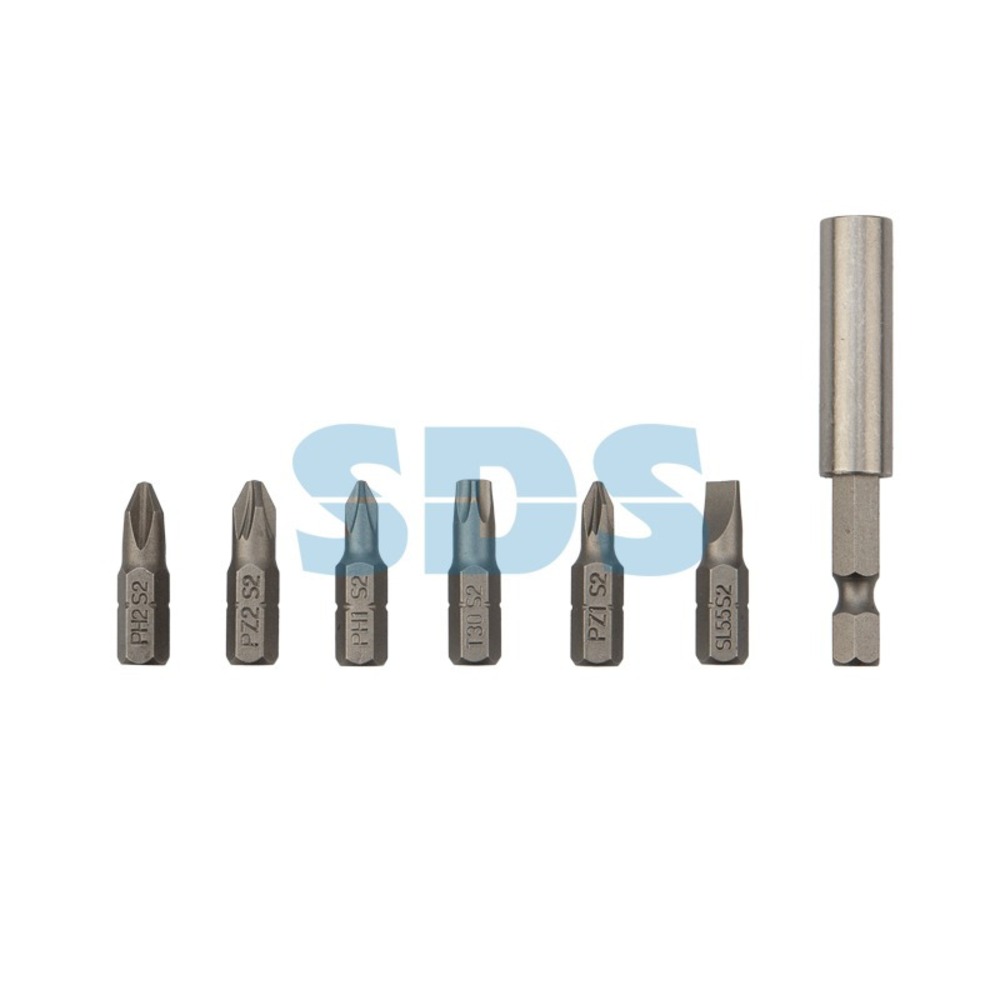 Набор бит Kranz KR-92-0433 25 мм PH1, PH2, PZ1, PZ2, SL5.5, T30 с магнитным держателем (7 шт./уп.)