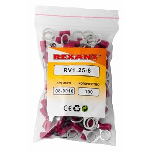 Наконечник кольцевой изолированный Rexant 08-0016 8.4 мм 0.5-1.5 мм (НКи 1.5-8/НКи 1,25-8) красный (в упак. 100 шт.)