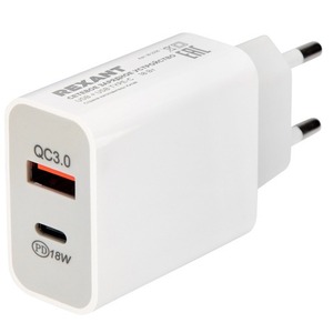 Сетевое зарядное устройство Rexant 18-2216 USB-A+USB-C адаптер, 18W белое